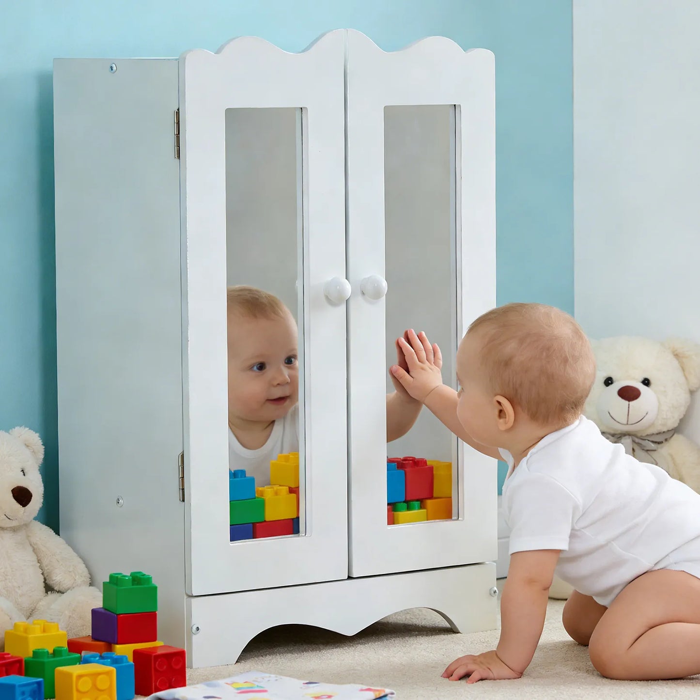 Wooden Baby Doll Closet with Mirror | White Doll Wardrobe Storage Cabinet for Kids